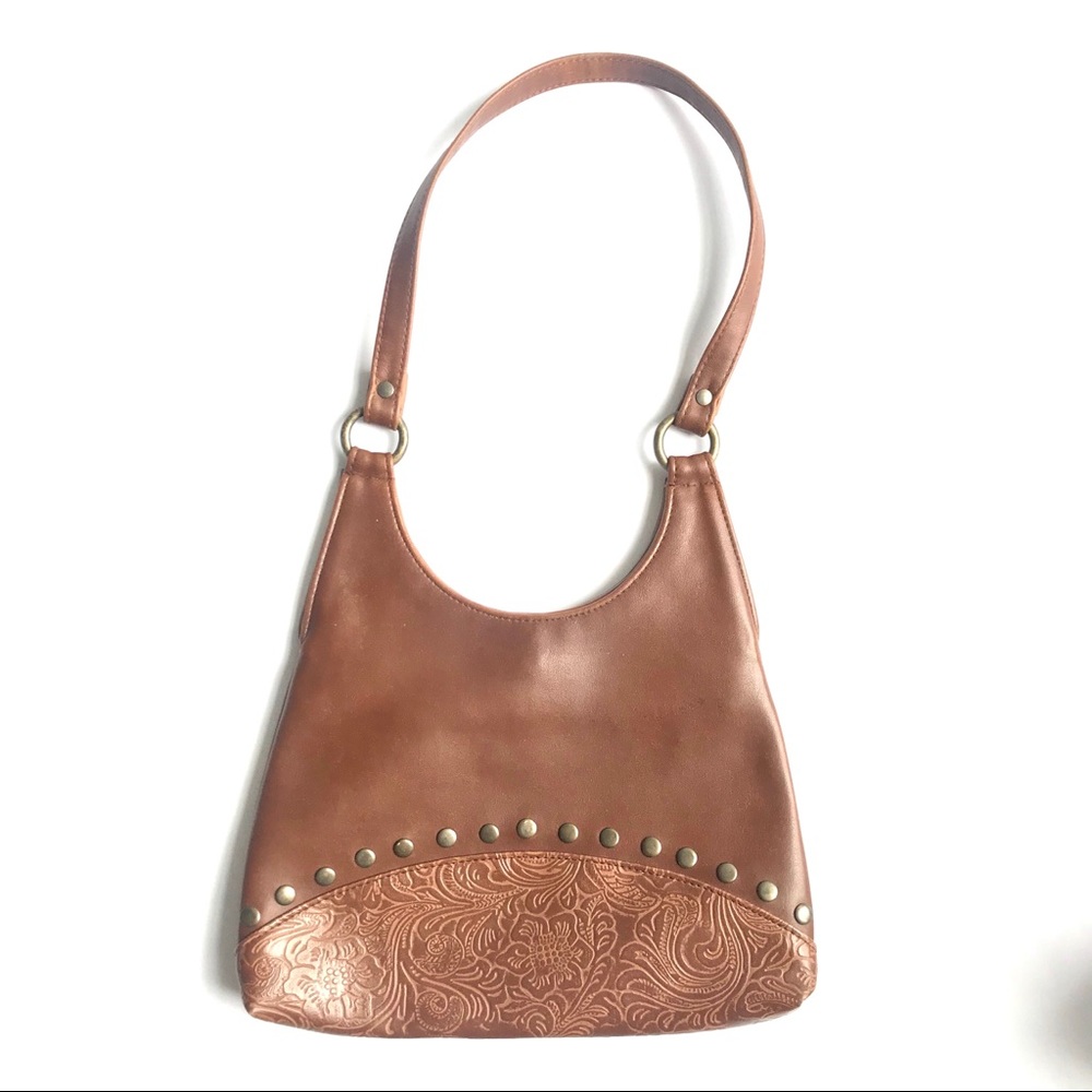 Brown vegan shoulder bag with floral emboss/ studs - Picture 2 of 7